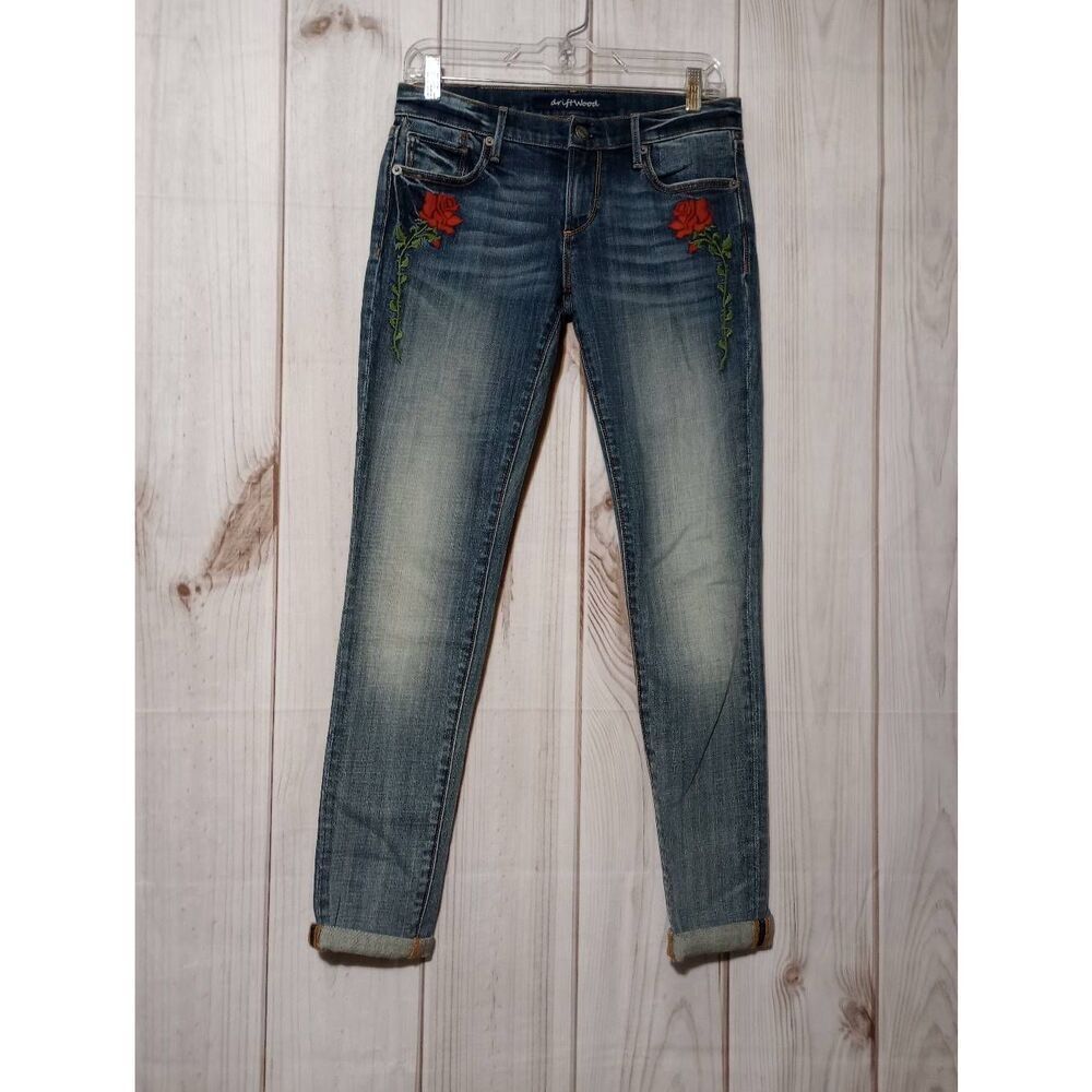 DRIFTWOOD Distressed Blue Skinny Jeans with Red Rose Embroidery